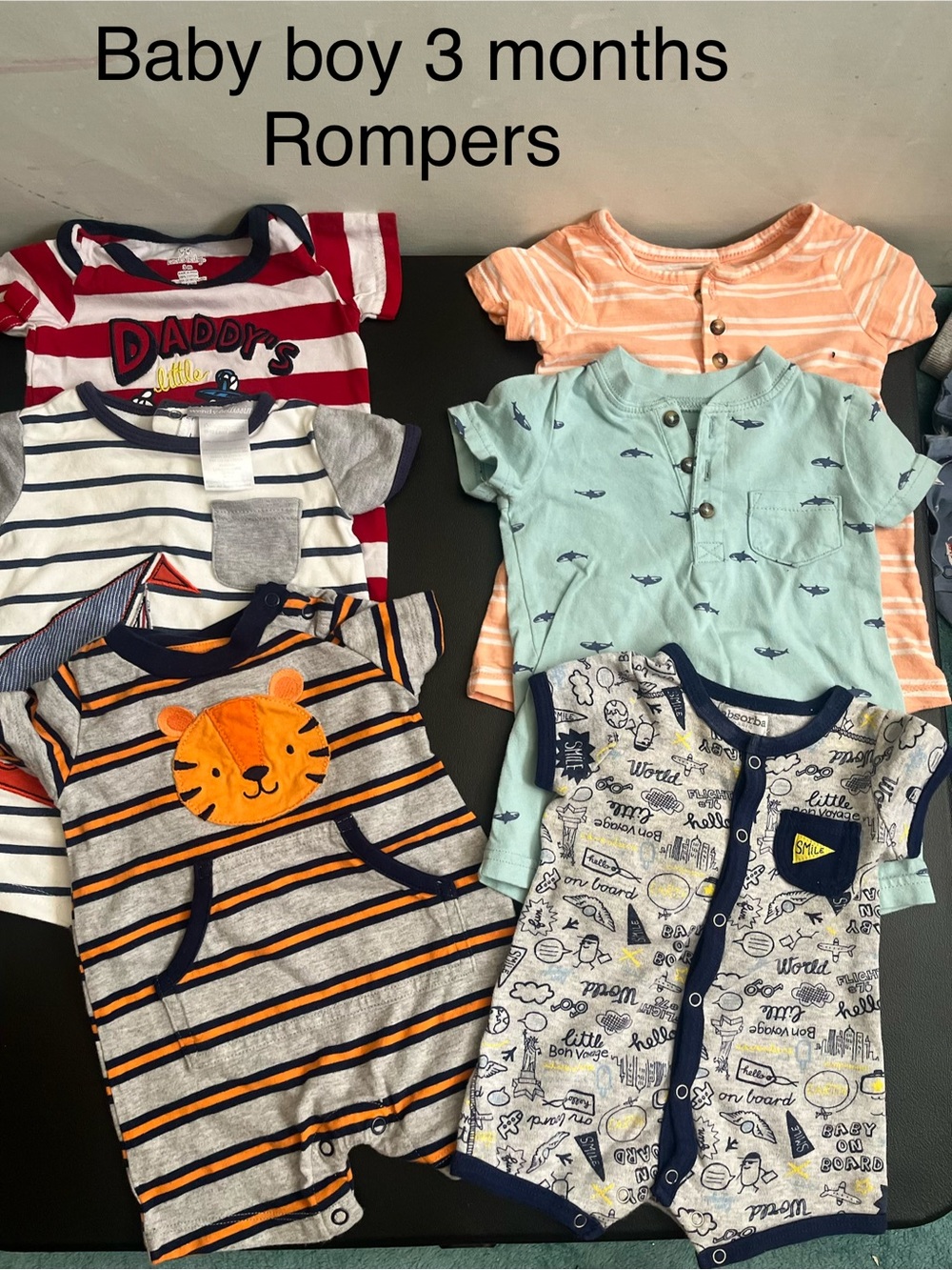 Carter's Multi-Pattern Baby Boy Footie Rompers in Red, Orange, Blue, Gray, Cream